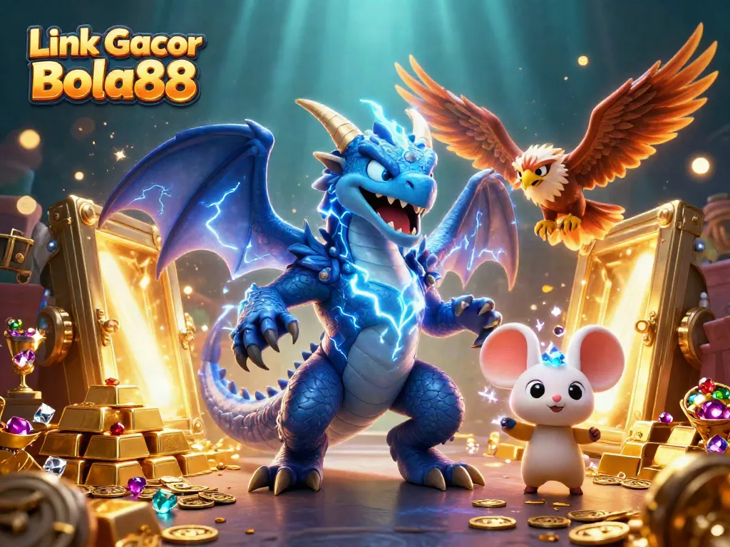 Experience the thrill with Link Gacor Bola88, featuring dynamic 3D characters amidst golden treasures.