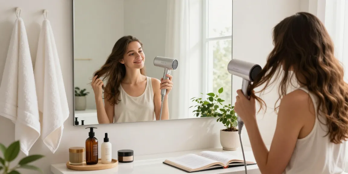 Die Verwendung des Laifen Haartrockners während des Haarstylings in einem eleganten Badezimmer.
