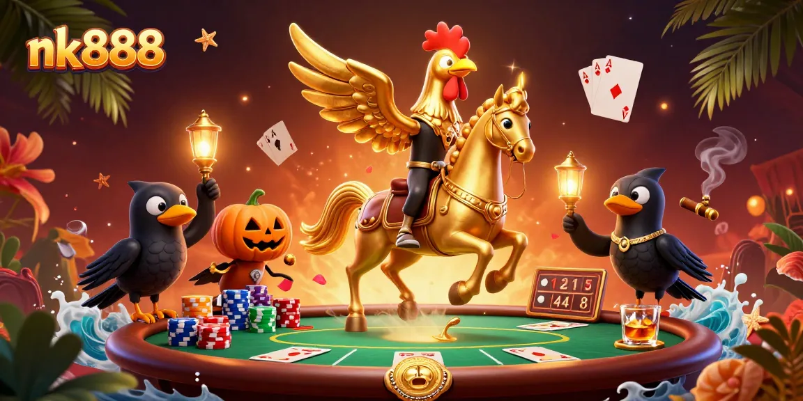 Join the nk888 gaming action with a golden rooster in a vibrant casino filled with poker excitement.