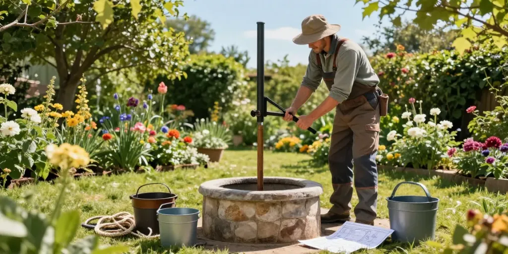 Ein Brunnenbohrer im Garten, während ein Handwerker einen neuen Brunnen gräbt, umgeben von Pflanzen.
