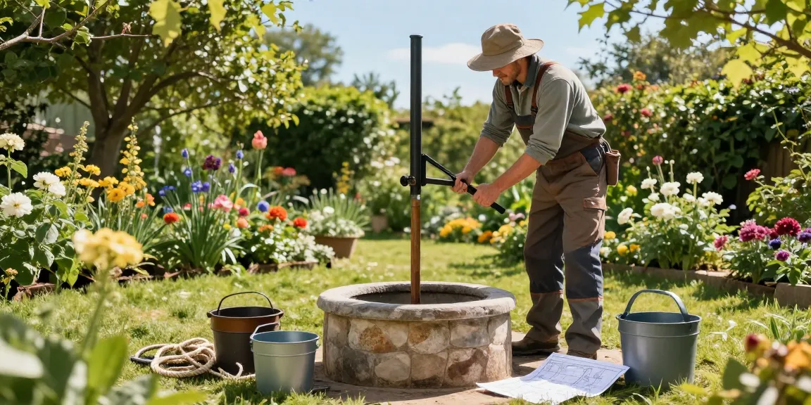 Ein Brunnenbohrer im Garten, während ein Handwerker einen neuen Brunnen gräbt, umgeben von Pflanzen.