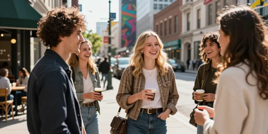 Brianna Lyman age and height captured in a vibrant urban scene with friends in stylish outfits.