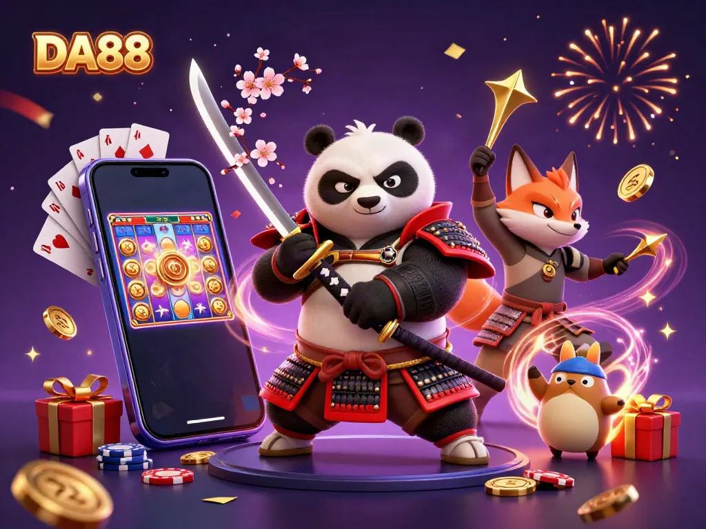 Experience thrilling gaming with DA88, featuring a samurai panda and ninja fox amid exciting casino elements.
