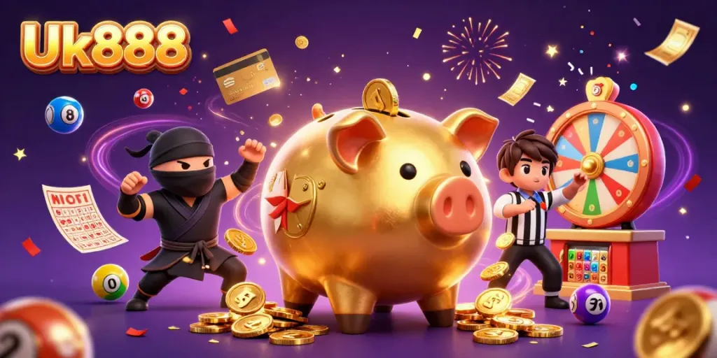 Engage in thrilling lottery excitement with Uk888, featuring animated characters and vibrant game elements.
