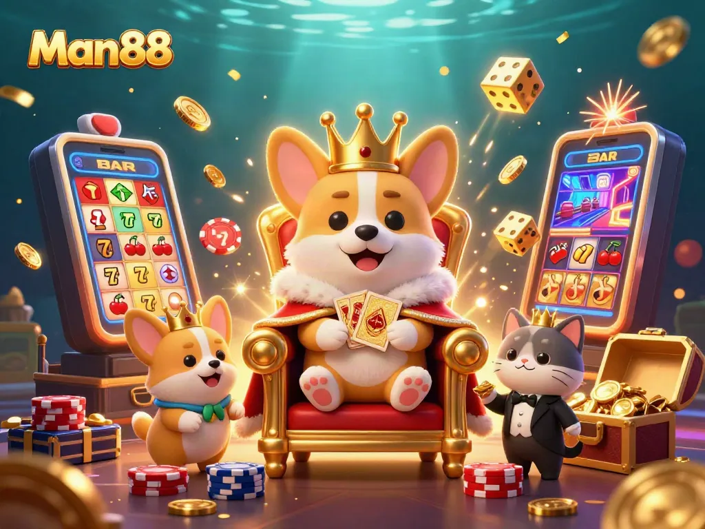 Man88 offers a vibrant gambling experience with a royal corgi surrounded by colorful casino elements.