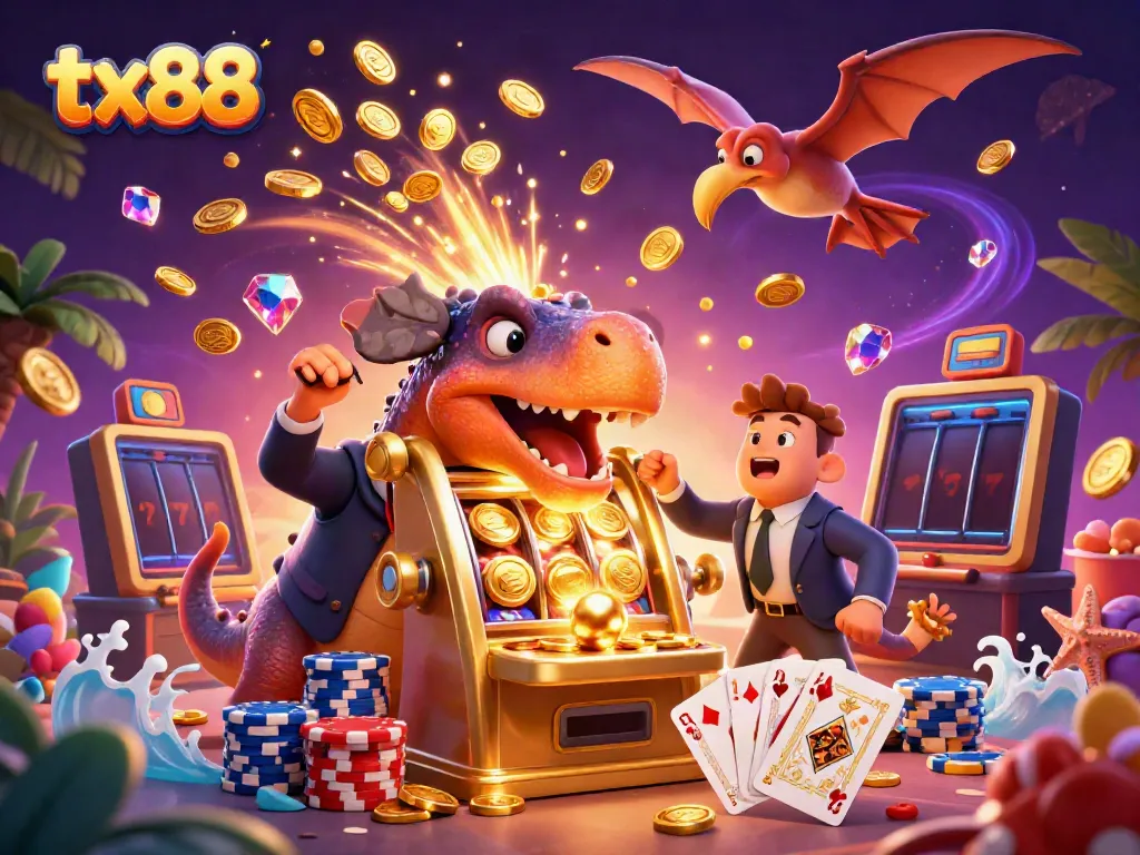 tx88 slot machine celebration with dinosaurs, golden coins sparkling in the air.