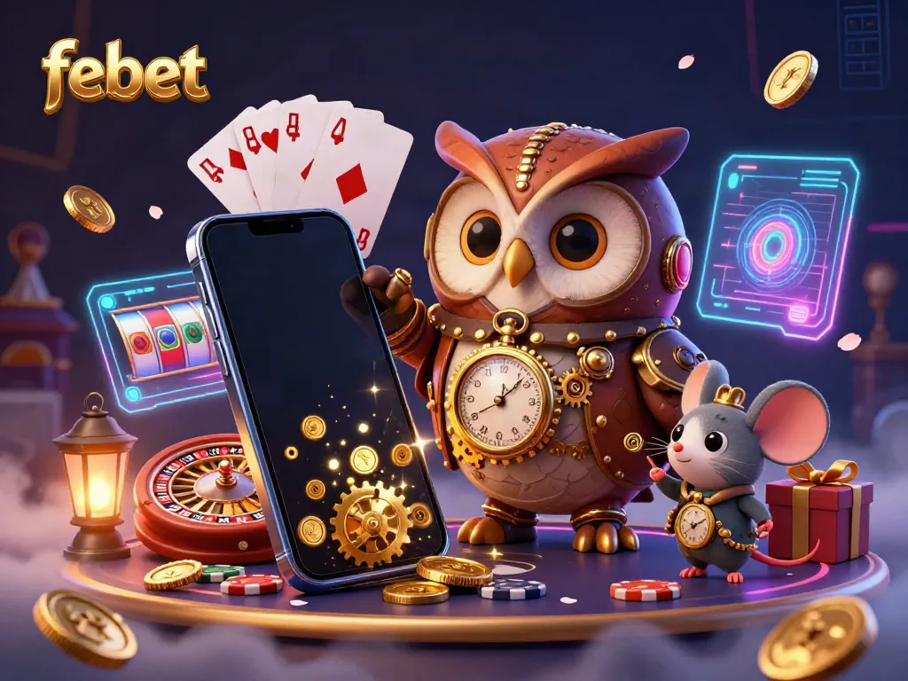 Experience the vibrant world of febet as the time-traveler owl and clockwork mouse enjoy thrilling games and golden coins.
