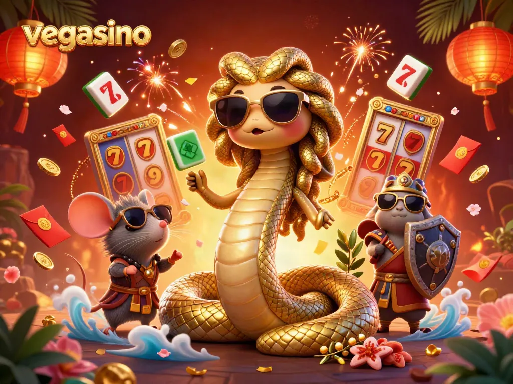 Experience the thrill of winning at vegasino with cute Medusa, a warrior mouse, and vibrant casino elements.