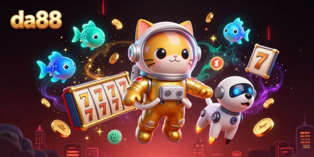 Engage with the vibrant 3D illustration of da88 featuring a space astronaut cat, jackpot reels, and golden coins amidst cosmic elements.