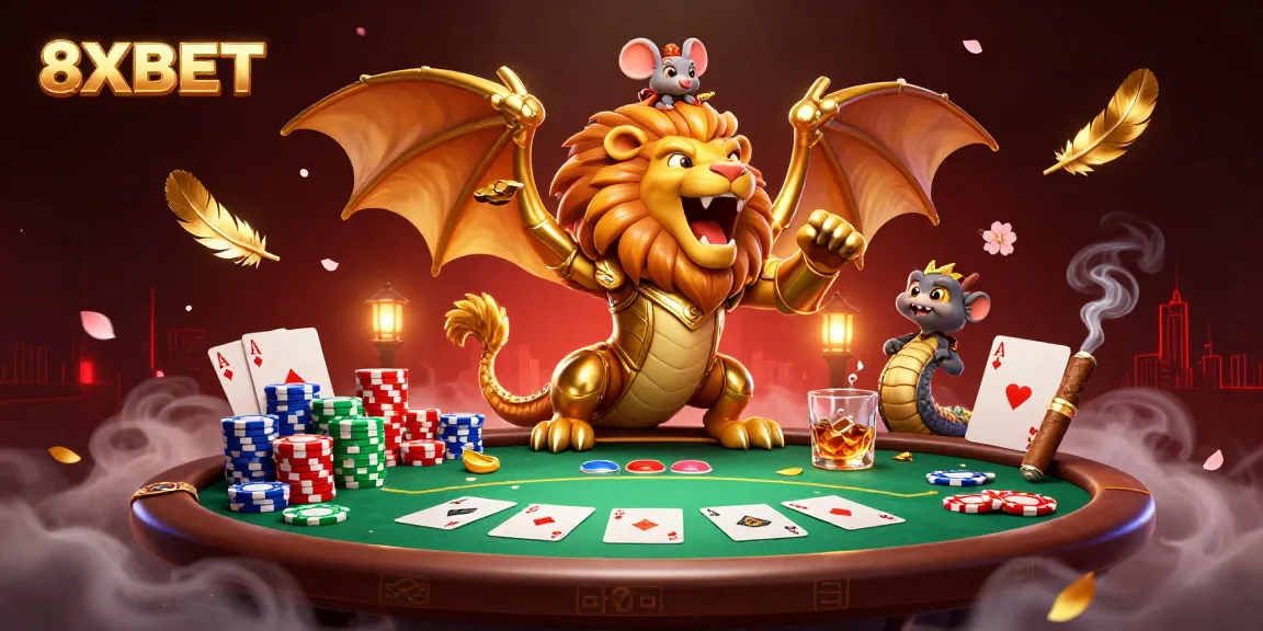 Play poker at 8XBET with a triumphant chimera creature revealing winning hands.