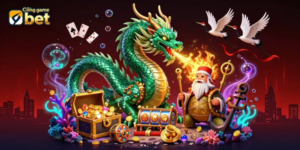 Experience excitement at Cổng game nbet with vibrant dragons and treasure bursting from underwater.