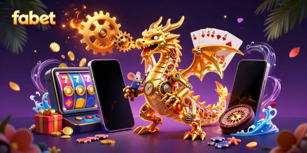 Experience the thrill of Fabet with a biomechanical dragon, vibrant games, and golden treasures.