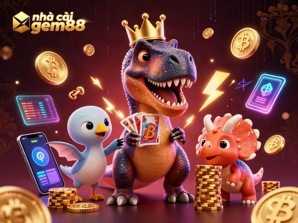 Experience vibrant action at nhà cái gem88 with animated characters playing cards and stacking chips.