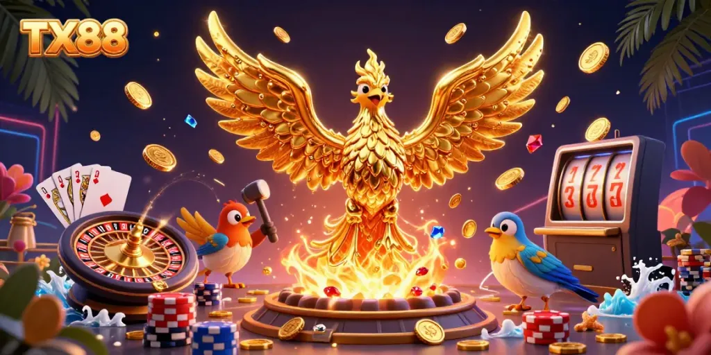 Experience excitement at TX88 with a molten phoenix and dynamic casino elements illustrating engaging gameplay.