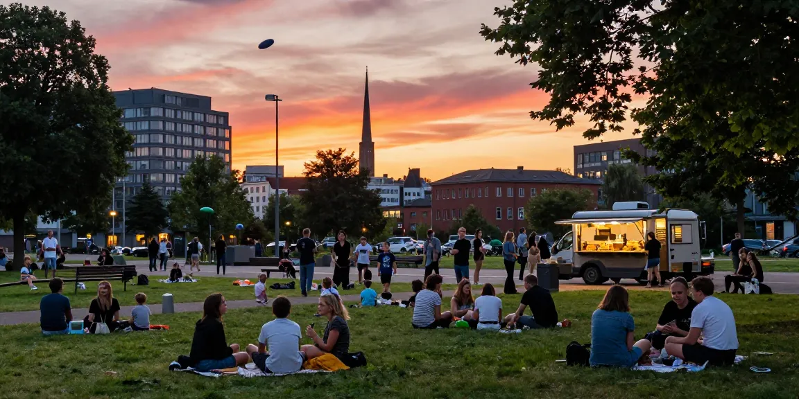 Local community enjoying an evening in Bochum park with friends and family.