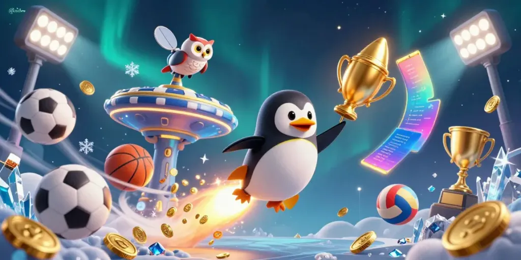 Experience niastoto's thrilling gaming adventure with our golden penguin racing towards a vibrant casino.