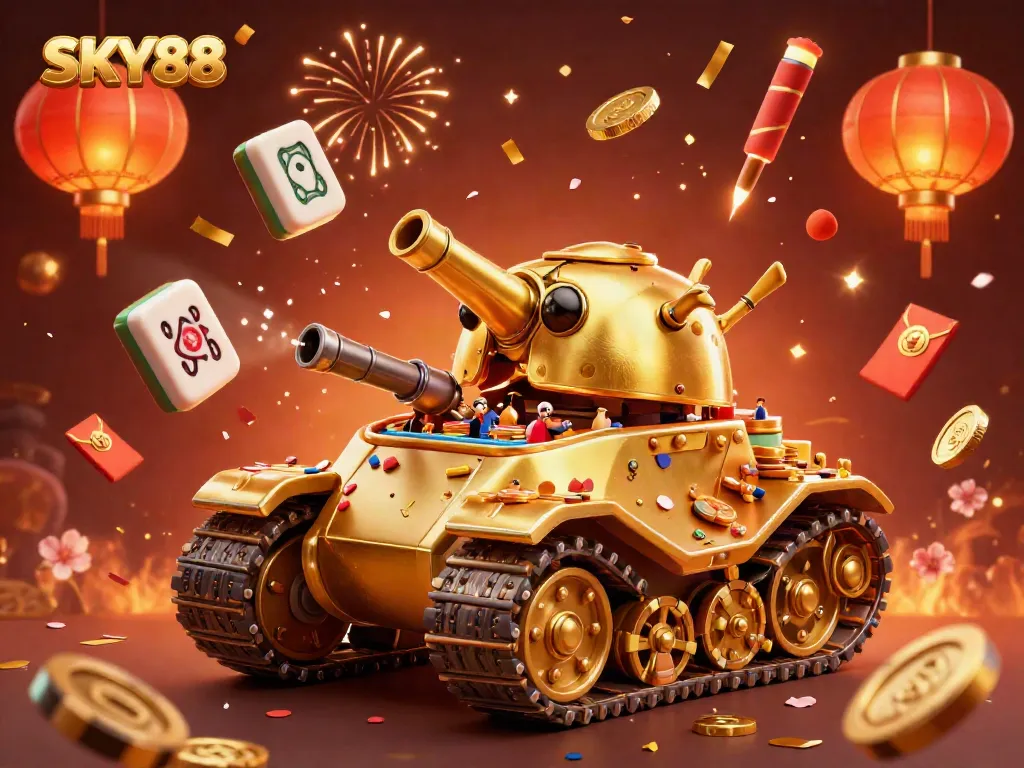 Experience the exciting world of SKY88 with a tank-casino shooting coins and confetti in an energetic celebration.