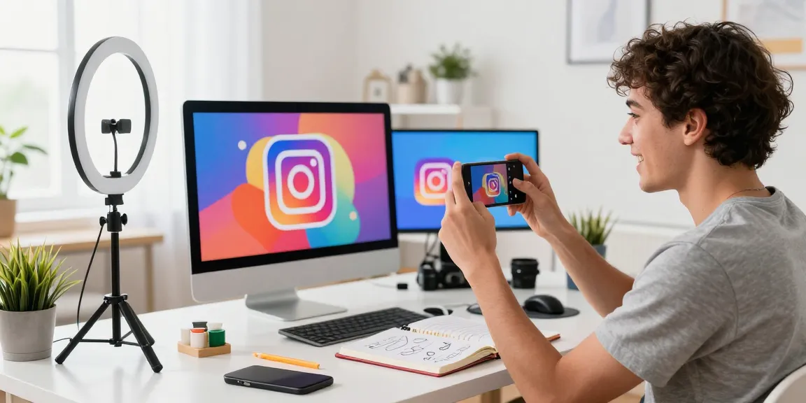 Instagram Views kaufen - Influencer bei der Erstellung von Inhalten in einem stilvollen Home Office.