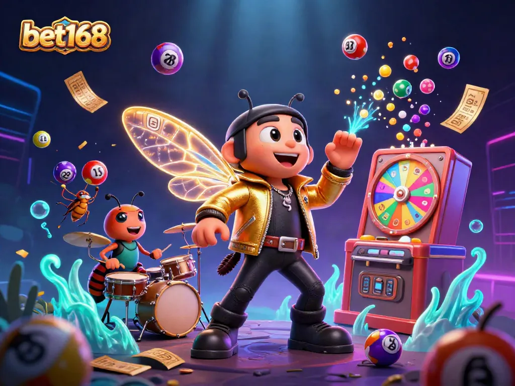 Bet168 lottery scene with a cicada rock star, beetle drummer, and dynamic game elements