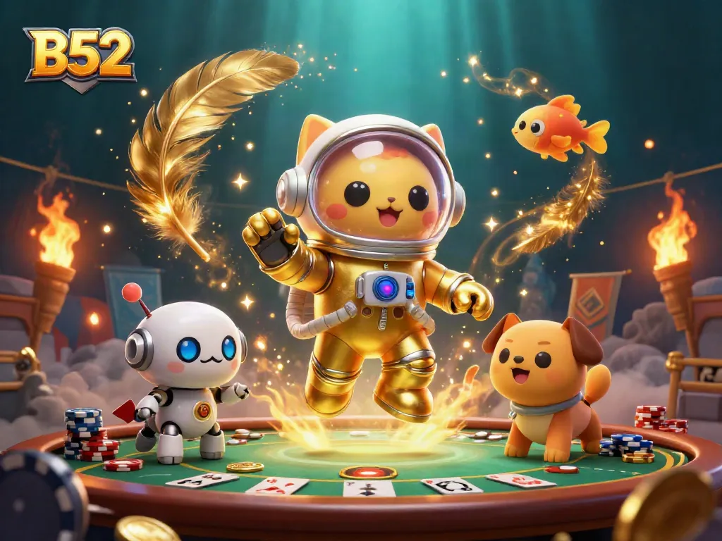 B52 rolls the dice at a vibrant poker table, surrounded by gold coins and cosmic characters.