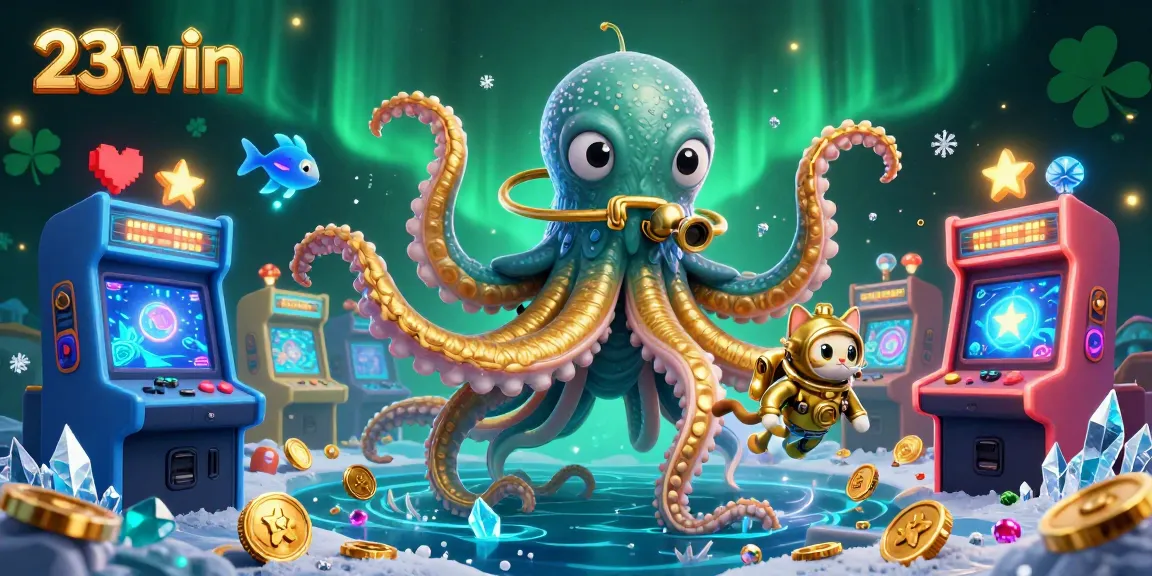Experience thrilling gaming action with the 23win kraken and diving cat in a colorful casino scene.