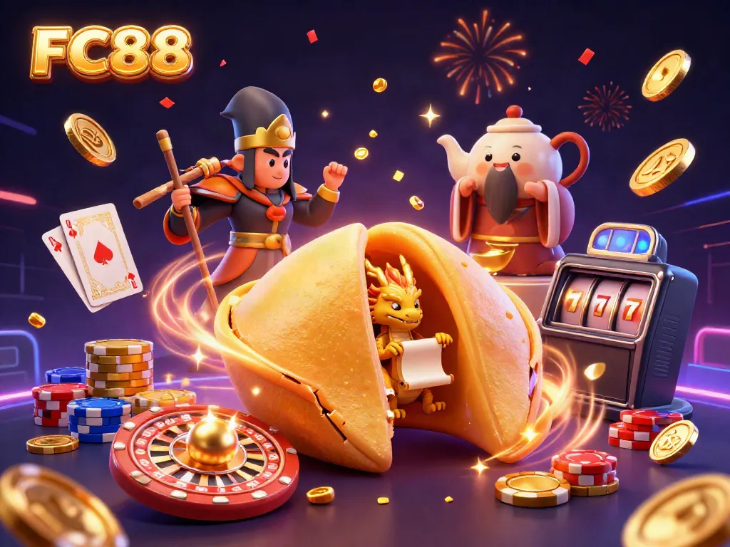 Engage with the thrilling atmosphere of FC88, featuring a golden fortune cookie scene blending luck and excitement.