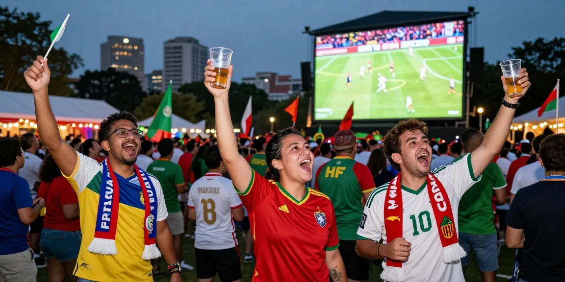 wm fussball Fans feiern gemeinsam bei einer großen Übertragung der FIFA-Weltmeisterschaft unter freiem Himmel.