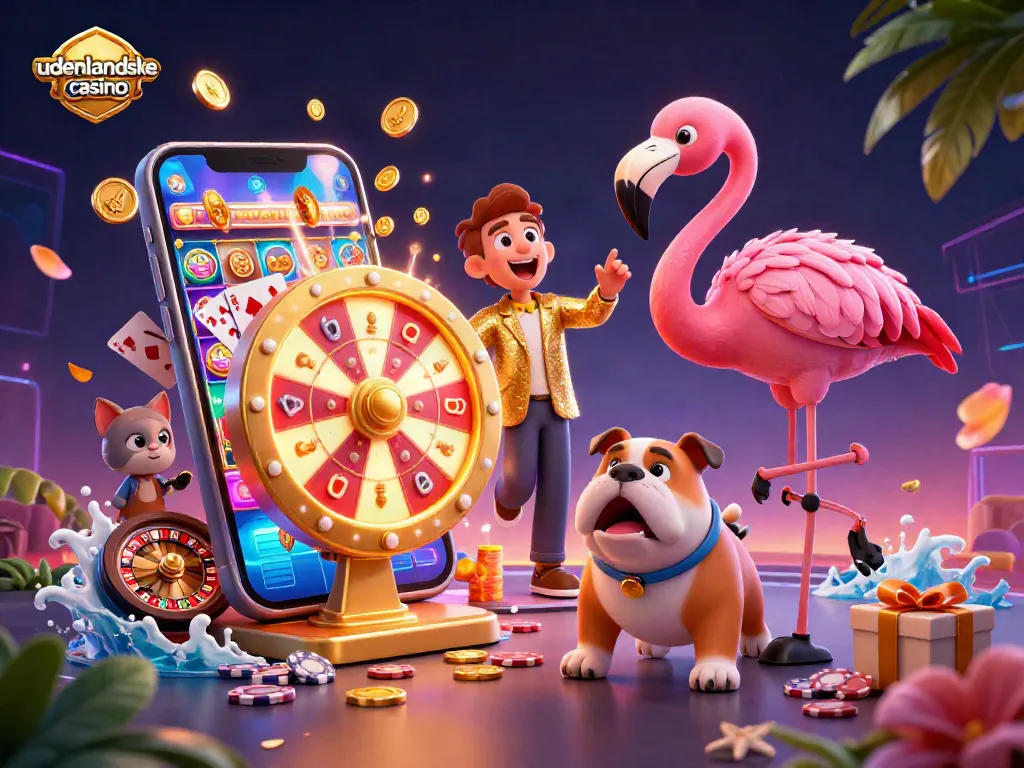 Catch the excitement with udenlandske casino as a flamingo host spins a gold prize wheel while bulldogs cheer around colorful slots.