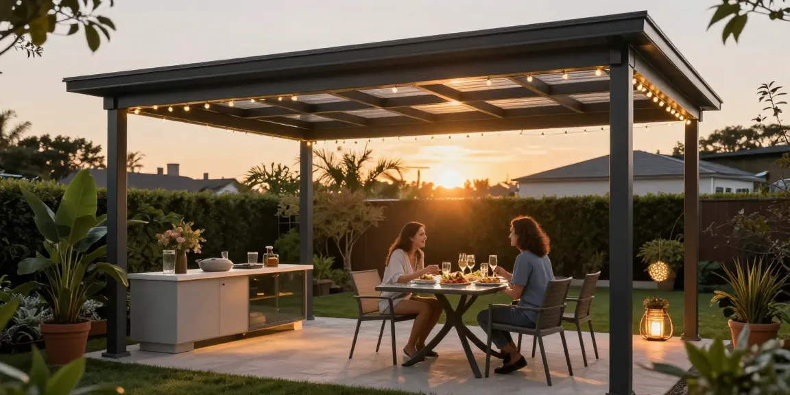 Freistehende Terrassenüberdachung mit gemütlichem Essbereich und Pflanzen im Garten