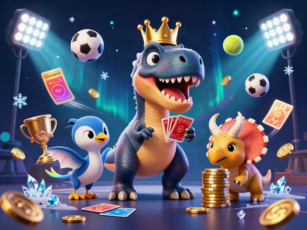 Engage in vibrant gameplay at sunwin, highlighting a friendly T-Rex shuffling cards amidst dynamic gaming elements.