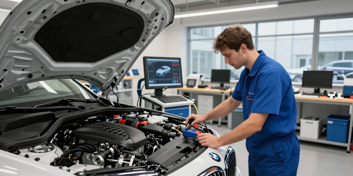 Expertentechniker, der BMW Service Hannover in einer hochmodernen Autowerkstatt anbietet.