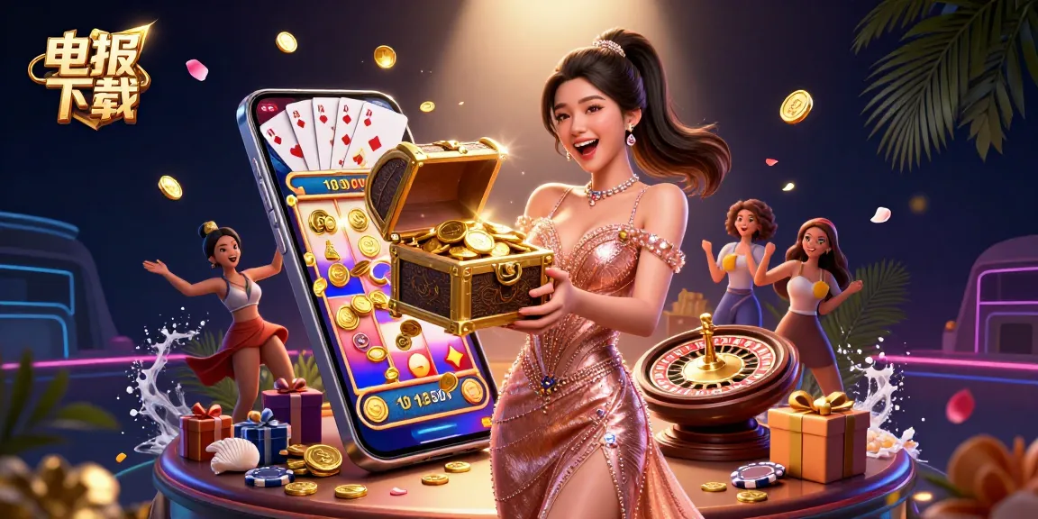 体验电报下载所带来的兴奋,画面中是一位快乐的亚洲女性与充满活力的赌场元素。