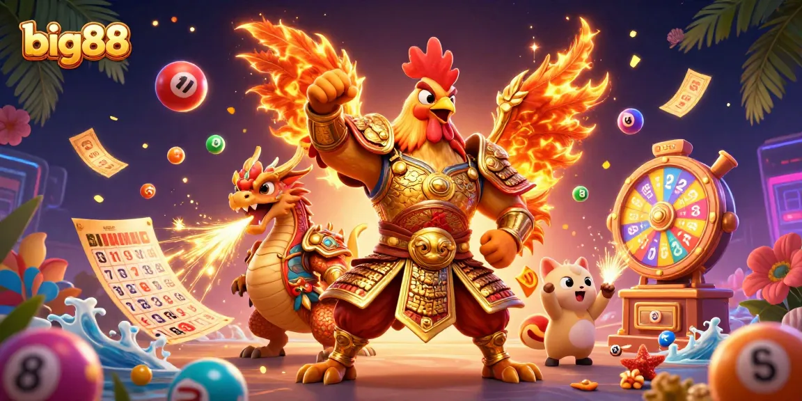 Experience exciting wins at big88 with a dynamic scene of a rooster warrior, dragon hatchling, and fortune cat celebrating.