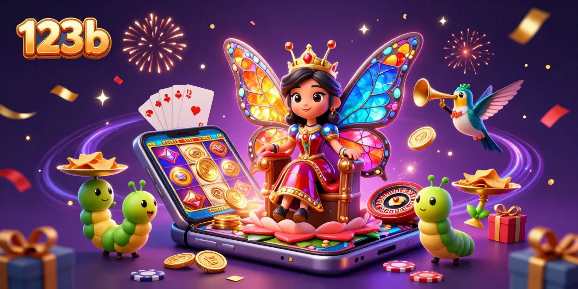 Engage with vibrant casino games at 123b, featuring a butterfly queen amidst action-packed gambling elements.