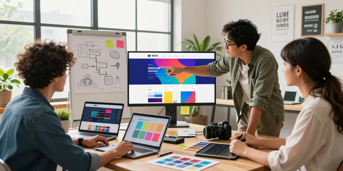 Webdesigner-Team brainstormt in einem kreativen Studio mit lebhaften Webseiten-Layouts und Design-Tools.