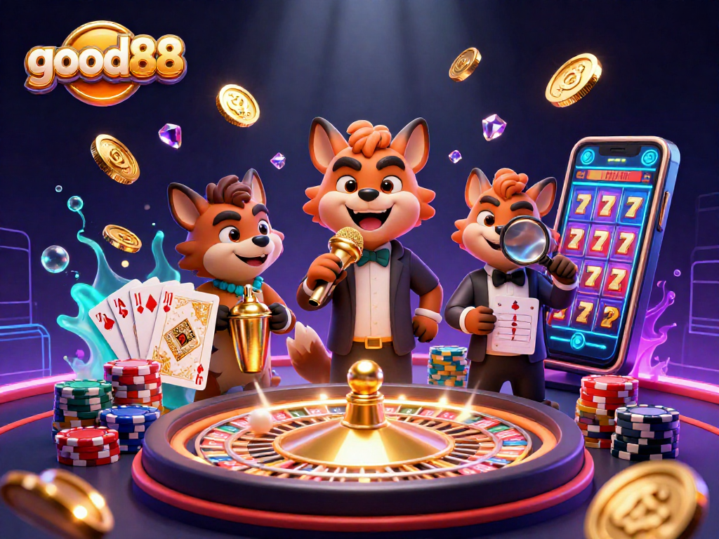 good88 players enjoy a vibrant comedy casino scene with hyenas, gold coins, and slot machines.