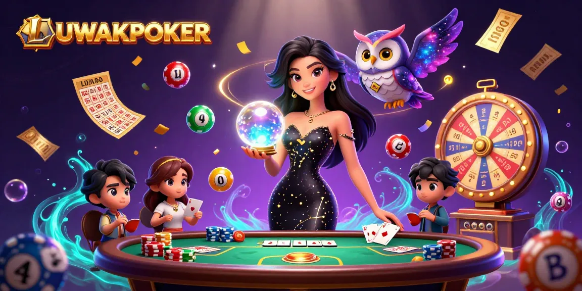 Experience a captivating scene with LUWAKPOKER featuring a stunning woman, glowing crystal ball, and dynamic poker elements.