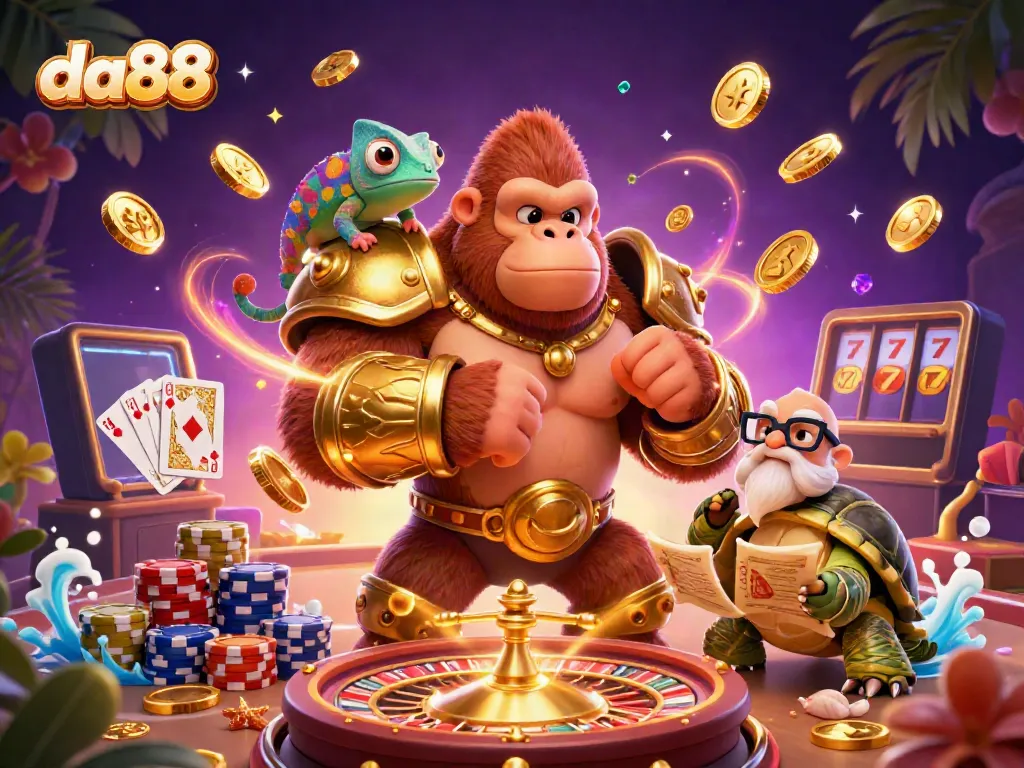 Engage with da88 in this vibrant cartoon scene featuring a gorilla king, chameleon, and tortoise amidst a bounty of casino elements.