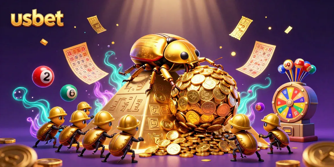 Experience the excitement of gambling with usbet, featuring vibrant lottery elements and a golden dung beetle.