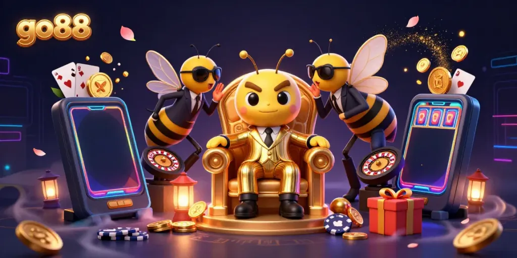 Experience the thrill of go88 with a vibrant 3D casino illustration featuring a mob boss and intense game elements.