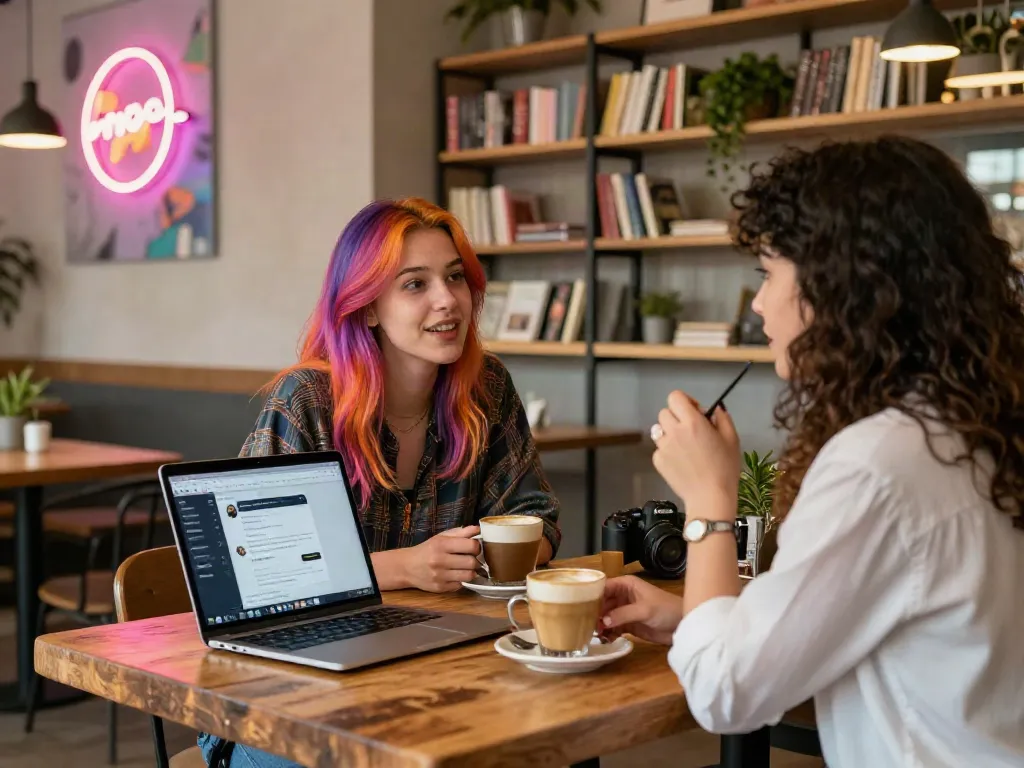 Dynamic porn chat conversation in a trendy cafe setting.