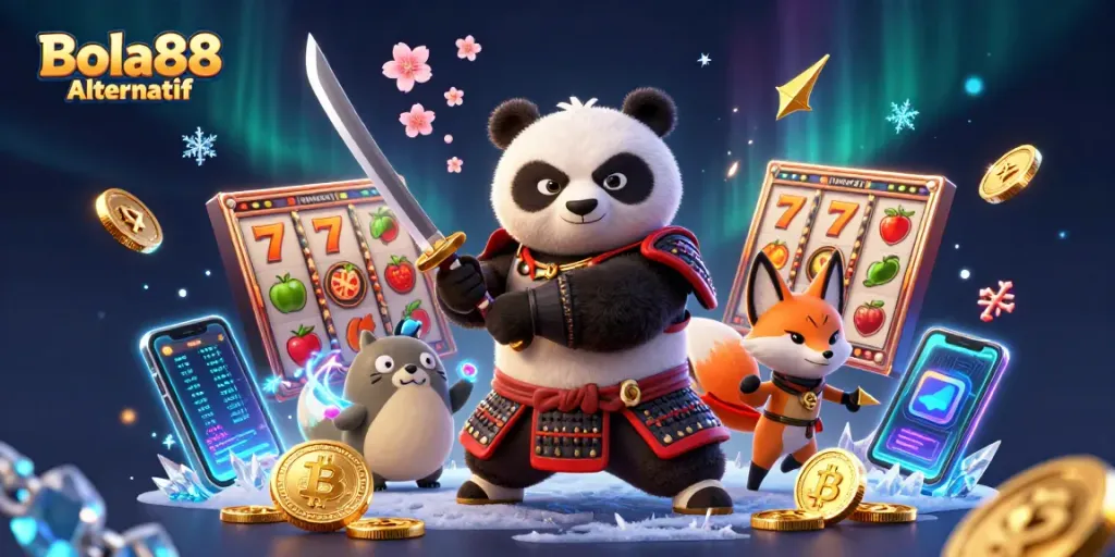 Engage with Bola88 Alternatif through a vibrant 3D cartoon scene of characters and gambling elements.