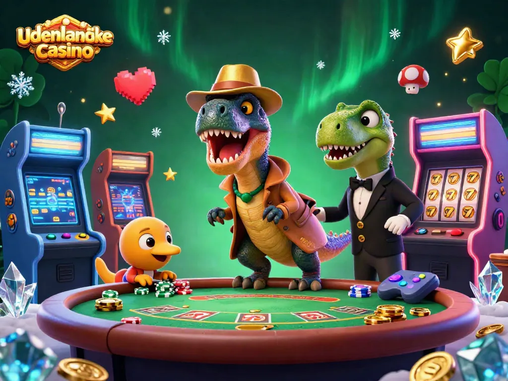 Engage with udenlandske casino excitement featuring a velociraptor card counter and animated gaming elements.
