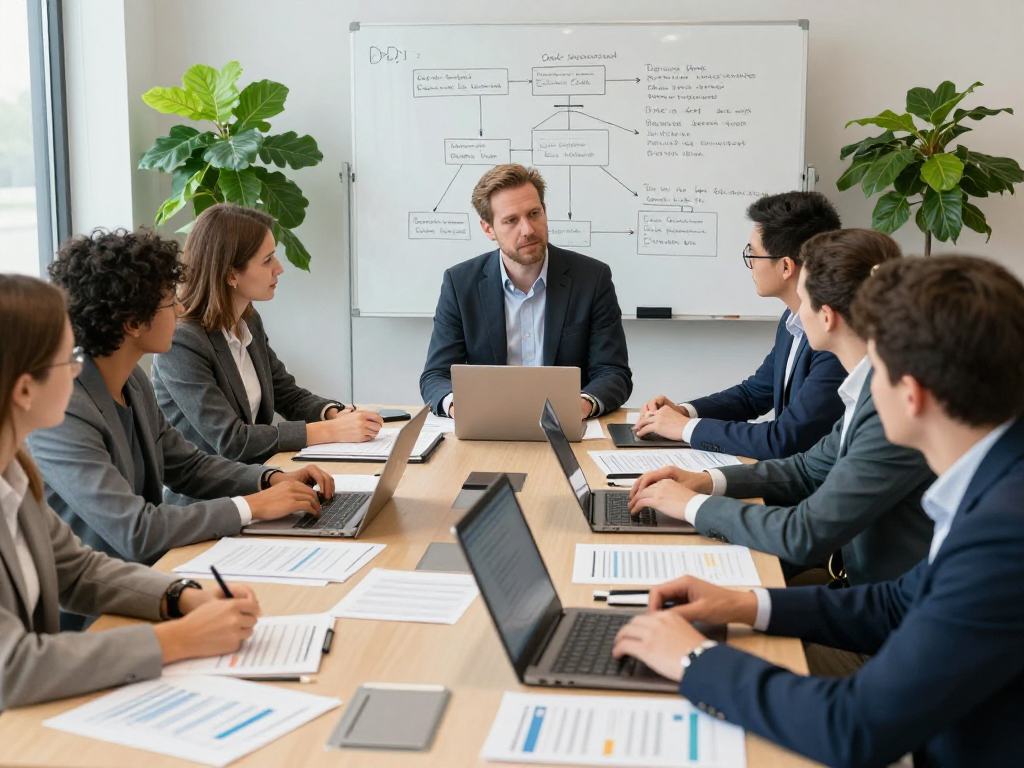 Beratungsszene für Vermessungsbüros und ÖbVI zur DSGVO-Compliance, Workshop mit Consultant und Fachleuten