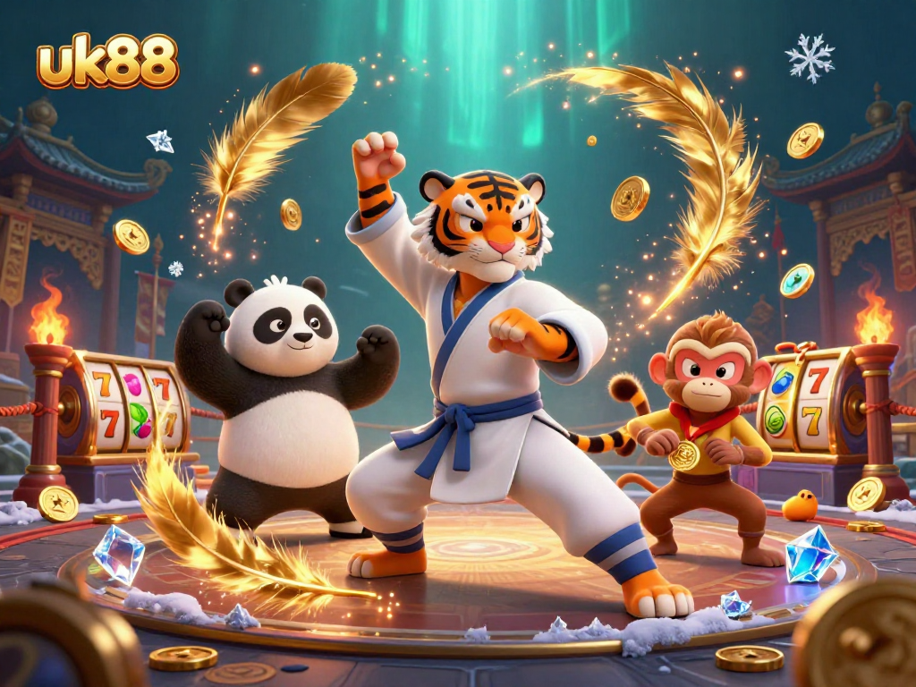 Experience the excitement of uk88 with a kung fu tiger in a dynamic casino scene filled with vibrant slot elements.