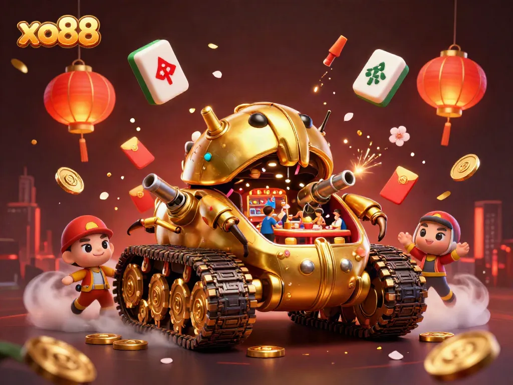 Experience the excitement of xo88 with a golden beetle tank revealing a vibrant casino inside, dynamic gameplay elements included.