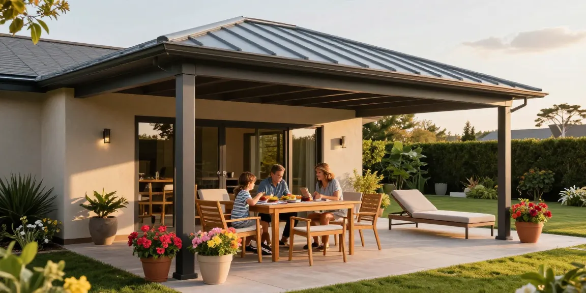 Moderne Terrassenüberdachung mit einer Familie bei einem Picknick und blühenden Pflanzen im Hintergrund.