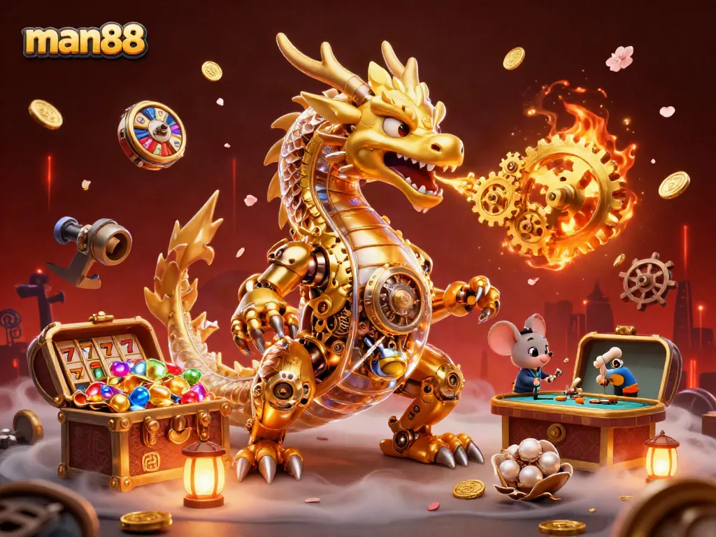 Experience the excitement of man88 with dynamic slot reels and a golden dragon in a vibrant casino scene.