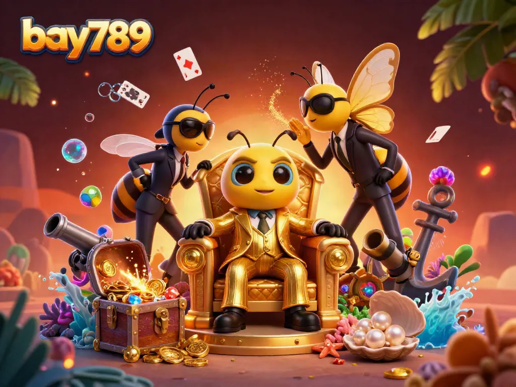 Engage in the exciting world of bay789 with this vibrant casino illustration featuring a bumblebee mob boss and underwater treasures.