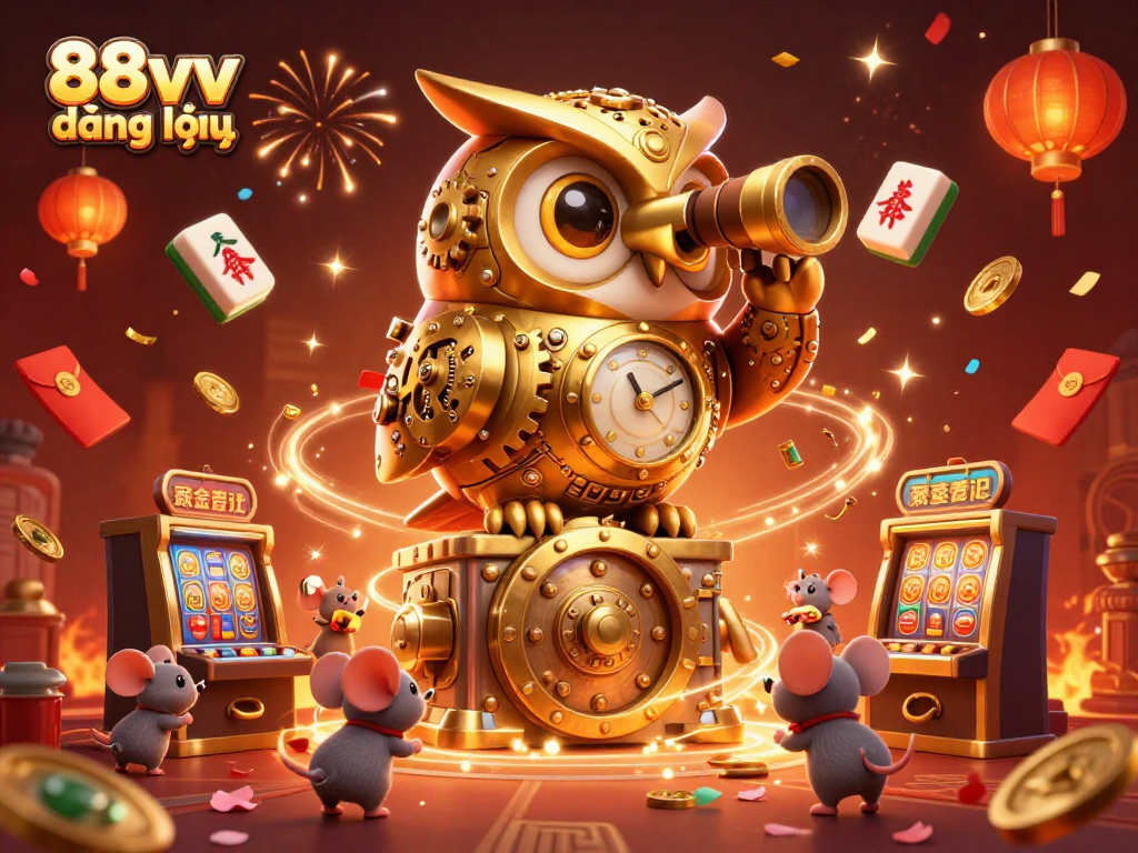 88vv đăng nhập captures a lively casino floor scene with a golden owl and whimsical patrons.